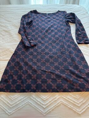 HATLEY Navy Long-Sleeve Dress with Brick Red Geometric Pattern - Size L